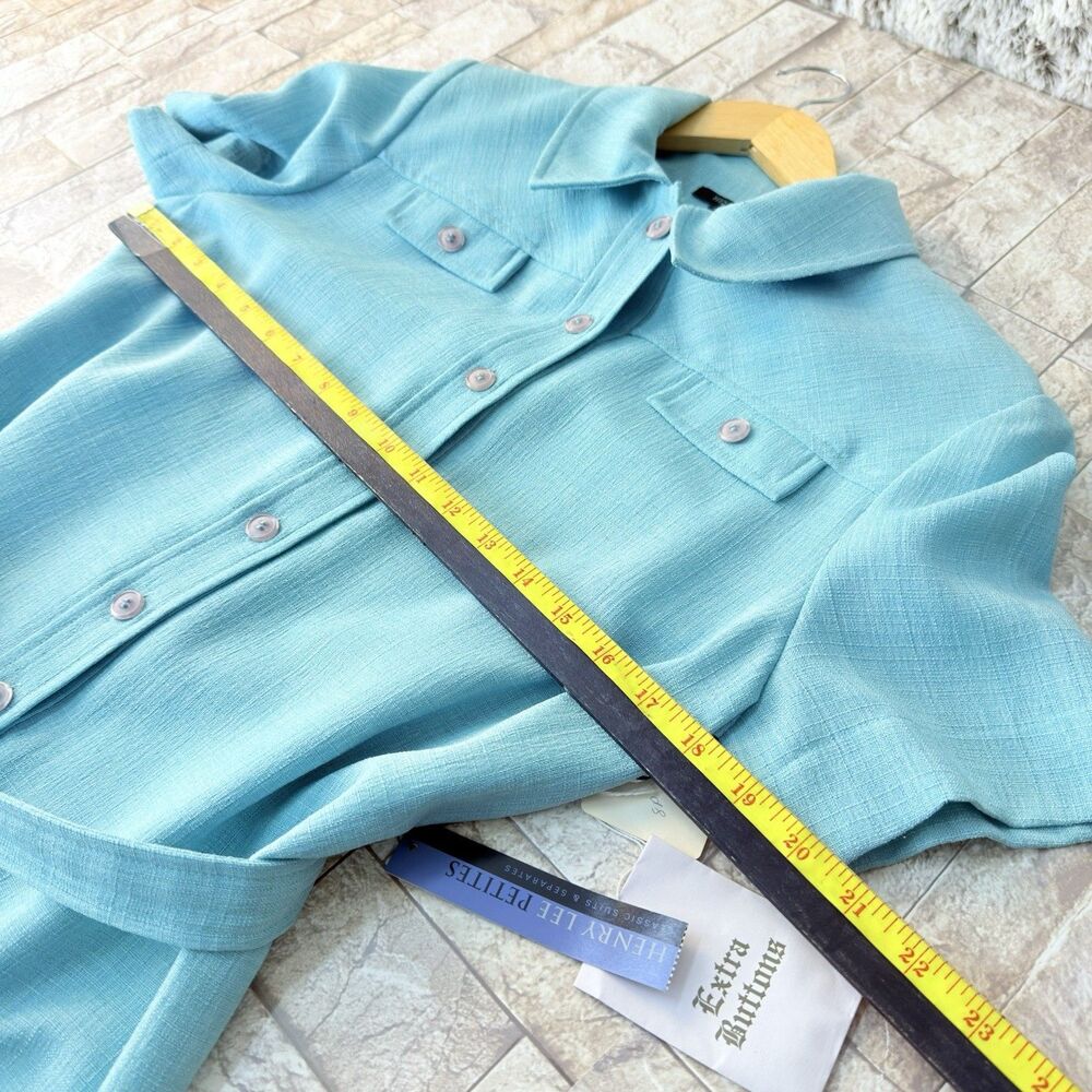 Henry Lee Dress Vintage Size 8P Aqua Blue Short Sleeve Midi Sheath Belted - Picture 12 of 13